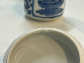 Two Chinese blue and white vases and a covered bowl, Kangxi