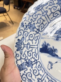 Three Chinese blue and white 'Mongolian hunt' dishes, Chenghua mark, Kangxi