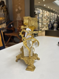 A Chinese Dehua blanc de Chine joss stick holder with French gilt bronze candlestick mounts, Kangxi and 18/19th C.