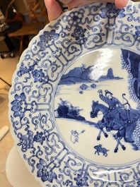 Three Chinese blue and white 'Mongolian hunt' dishes, Chenghua mark, Kangxi