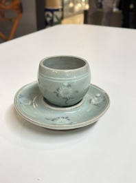 A Korean inlaid celadon cup on a stand, probably Goryeo, 13/14th C.