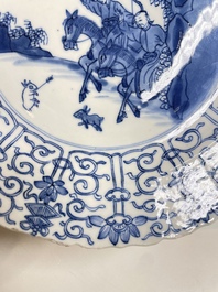 Three Chinese blue and white 'Mongolian hunt' dishes, Chenghua mark, Kangxi