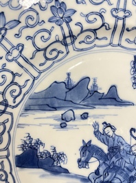 Three Chinese blue and white 'Mongolian hunt' dishes, Chenghua mark, Kangxi