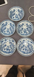 Nine Chinese blue and white 'Madonna and Child' saucers and two cups, Kangxi