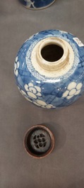 Three Chinese blue and white vases, a cup and two saucers, Kangxi and later