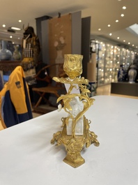 A Chinese Dehua blanc de Chine joss stick holder with French gilt bronze candlestick mounts, Kangxi and 18/19th C.