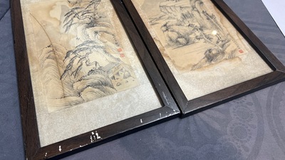 Qi Gong 啟功 (1912-2005): 'Berglandschappen', inkt op papier, gedateerd 1999