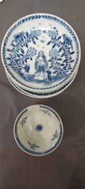 Nine Chinese blue and white 'Madonna and Child' saucers and two cups, Kangxi