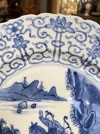 Three Chinese blue and white 'Mongolian hunt' dishes, Chenghua mark, Kangxi
