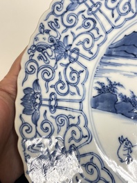 Three Chinese blue and white 'Mongolian hunt' dishes, Chenghua mark, Kangxi