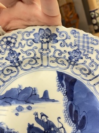 Three Chinese blue and white 'Mongolian hunt' dishes, Chenghua mark, Kangxi