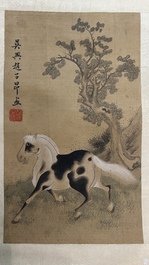 Suiveur de Zhao Mengfu 趙孟頫 (1254-1322): 'Quatre chevaux', encre et couleurs sur soie, 19/20&egrave;me