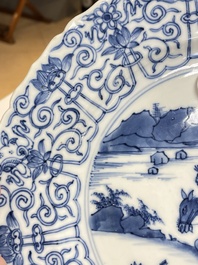Three Chinese blue and white 'Mongolian hunt' dishes, Chenghua mark, Kangxi