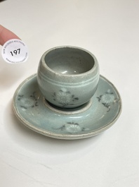 A Korean inlaid celadon cup on a stand, probably Goryeo, 13/14th C.