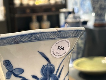 A pair of Chinese blue and white wall pocket vases with antiquities, Kangxi
