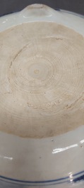 A Chinese blue and white tripod censer with figures in a mountainous landscape, Kangxi
