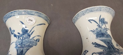 A pair of Chinese blue and white wall pocket vases with antiquities, Kangxi