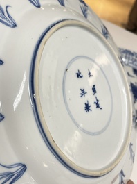 Three Chinese blue and white 'Mongolian hunt' dishes, Chenghua mark, Kangxi