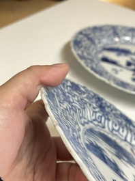 Three Chinese blue and white 'Mongolian hunt' dishes, Chenghua mark, Kangxi