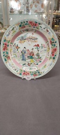 A Chinese famille rose dish and two plates, Yongzheng/Qianlong