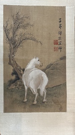 Suiveur de Zhao Mengfu 趙孟頫 (1254-1322): 'Quatre chevaux', encre et couleurs sur soie, 19/20&egrave;me