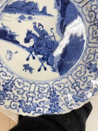 Three Chinese blue and white 'Mongolian hunt' dishes, Chenghua mark, Kangxi