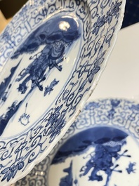 Three Chinese blue and white 'Mongolian hunt' dishes, Chenghua mark, Kangxi