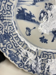 Three Chinese blue and white 'Mongolian hunt' dishes, Chenghua mark, Kangxi