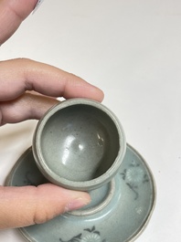 A Korean inlaid celadon cup on a stand, probably Goryeo, 13/14th C.