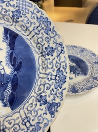 Three Chinese blue and white 'Mongolian hunt' dishes, Chenghua mark, Kangxi