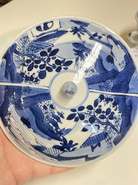 A pair of Chinese blue and white bowls and covers, Kangxi