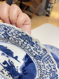 Three Chinese blue and white 'Mongolian hunt' dishes, Chenghua mark, Kangxi