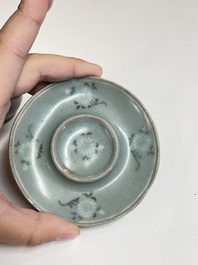 A Korean inlaid celadon cup on a stand, probably Goryeo, 13/14th C.