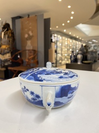 A pair of Chinese blue and white bowls and covers, Kangxi