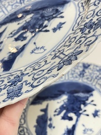 Three Chinese blue and white 'Mongolian hunt' dishes, Chenghua mark, Kangxi