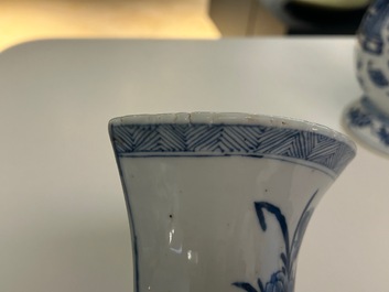 A pair of Chinese blue and white wall pocket vases with antiquities, Kangxi