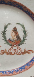 A Chinese dish with the portrait of Queen Victoria and the British crown, dated 1757, 18/19th C.