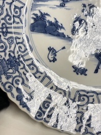 Three Chinese blue and white 'Mongolian hunt' dishes, Chenghua mark, Kangxi