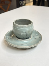 A Korean inlaid celadon cup on a stand, probably Goryeo, 13/14th C.