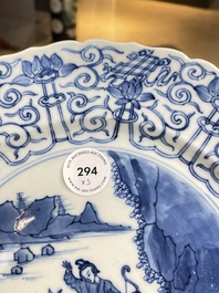 Three Chinese blue and white 'Mongolian hunt' dishes, Chenghua mark, Kangxi