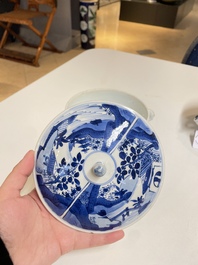 A pair of Chinese blue and white bowls and covers, Kangxi