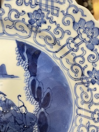 Three Chinese blue and white 'Mongolian hunt' dishes, Chenghua mark, Kangxi