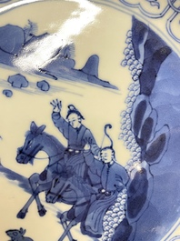 Three Chinese blue and white 'Mongolian hunt' dishes, Chenghua mark, Kangxi