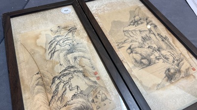 Qi Gong 啟功 (1912-2005): 'Berglandschappen', inkt op papier, gedateerd 1999