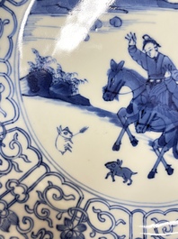 Three Chinese blue and white 'Mongolian hunt' dishes, Chenghua mark, Kangxi
