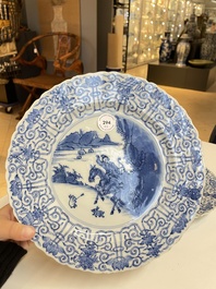 Three Chinese blue and white 'Mongolian hunt' dishes, Chenghua mark, Kangxi