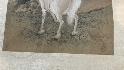 Suiveur de Zhao Mengfu 趙孟頫 (1254-1322): 'Quatre chevaux', encre et couleurs sur soie, 19/20&egrave;me
