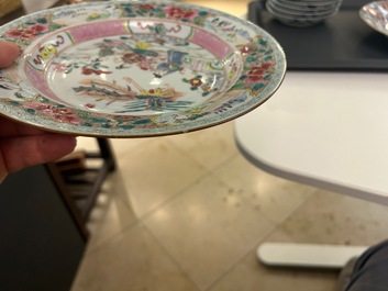 A Chinese famille rose dish and two plates, Yongzheng/Qianlong