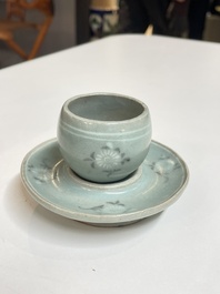 A Korean inlaid celadon cup on a stand, probably Goryeo, 13/14th C.