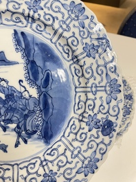 Three Chinese blue and white 'Mongolian hunt' dishes, Chenghua mark, Kangxi